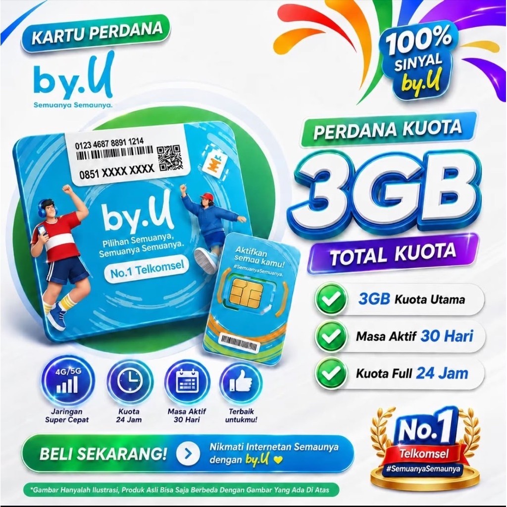 Kartu Perdana By U aktif selamanya bonus 3Gb jaringan 4G support 5G