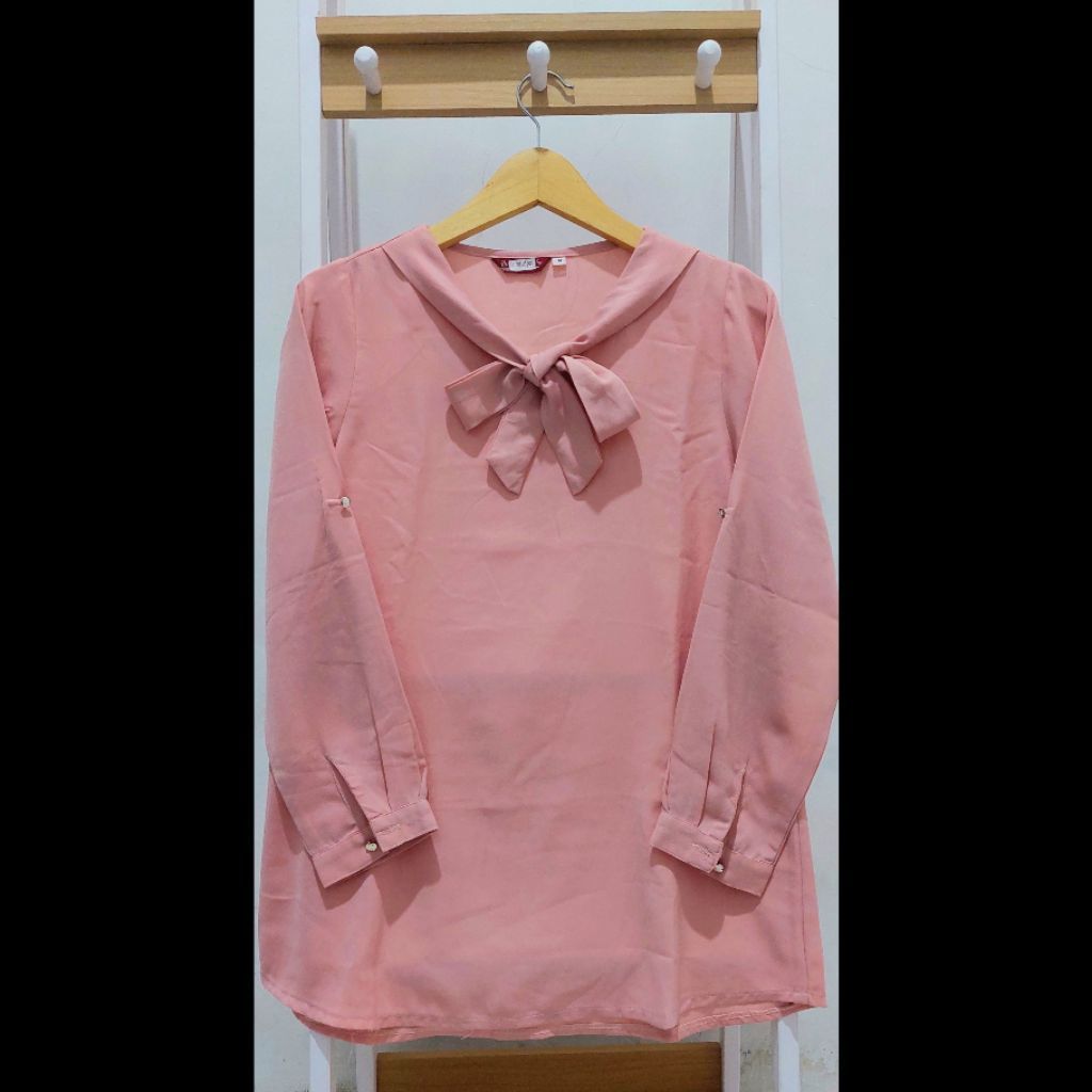Blus Wanita Lengan Panjang Warna Pink Dengan Kerah Pita | Blouse Korean Style Pink