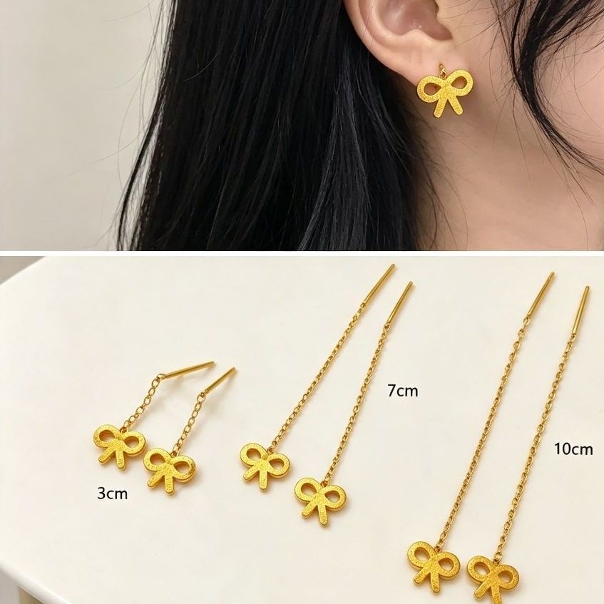 Anting Pita Bow Titanium Emas Korea 3cm 7cm 10cm | Anting Tusuk Panjang Jarum Panjang Wanita Elegan 