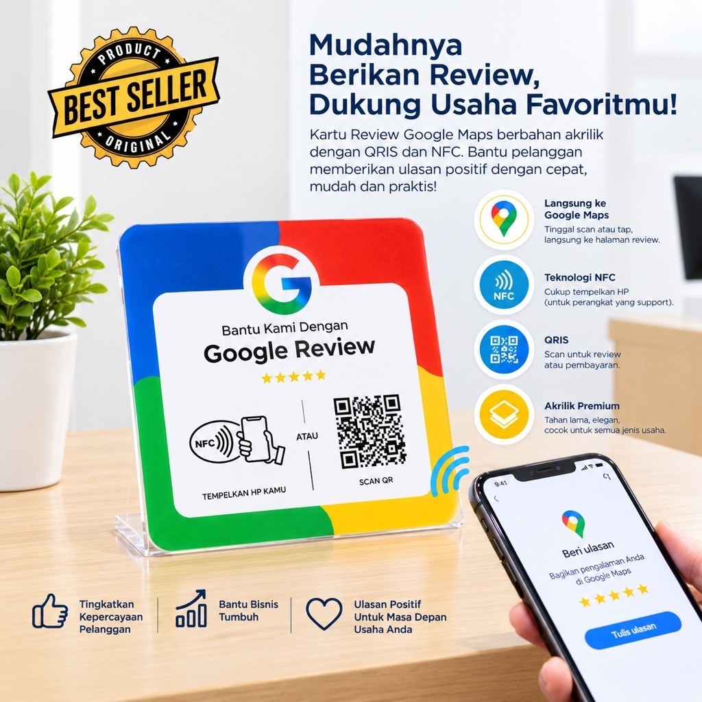 NFC Google Review + QR Code | Kartu Tap to Review, Google Maps Review Bisnis Akrilik