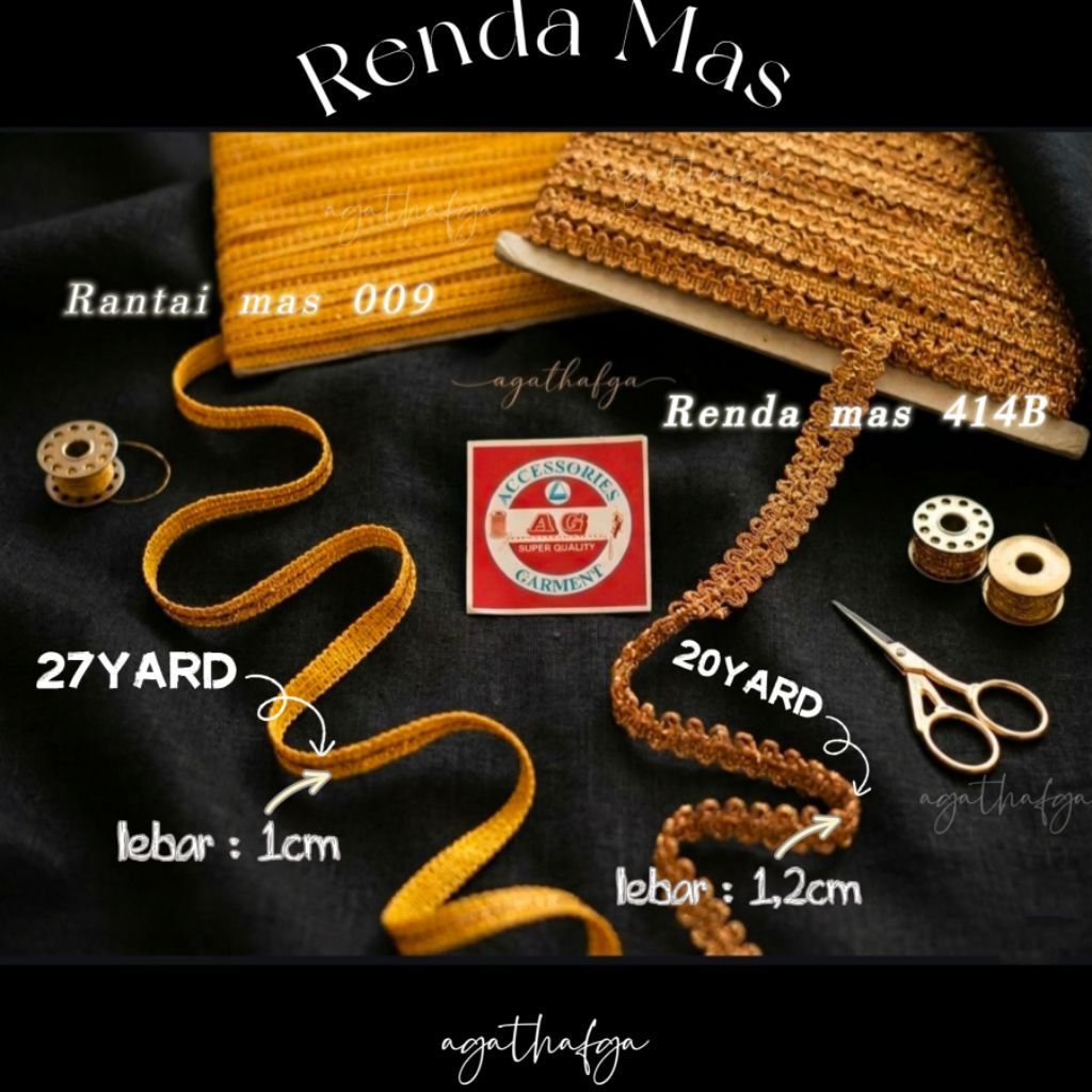 [1Rol] Renda Mas 414B 1,2cm 20yard & Renda Rantai mas 009 1cm 27yard per Rol
