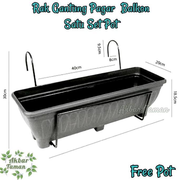 Garden- Satu Set Pot Gantungan Pot Bunga Besi Pagar Balkon Free Pot