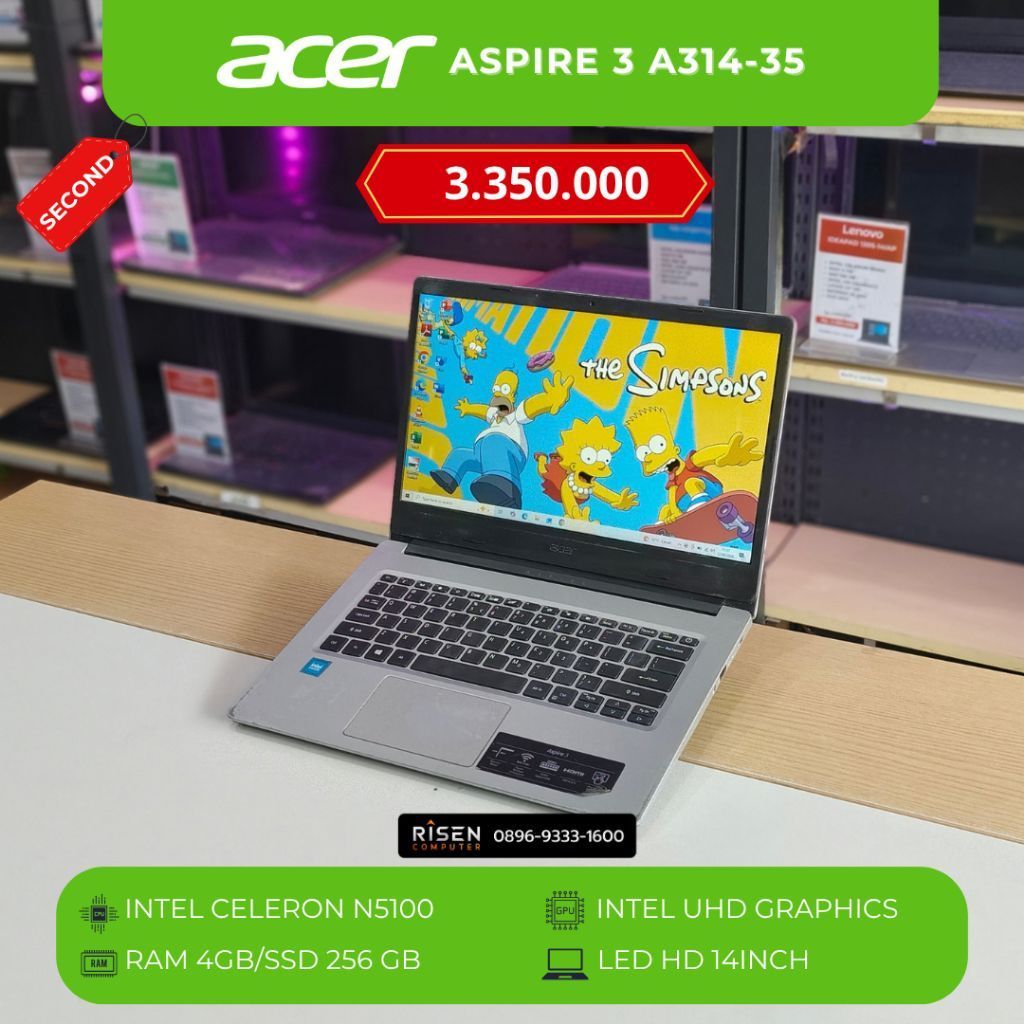 ACER ASPIRE 3 A314-35 Intel Celeron N5100 RAM 4GB SSD 256GB HD 14Inch Notebook Second Bekas Laptop