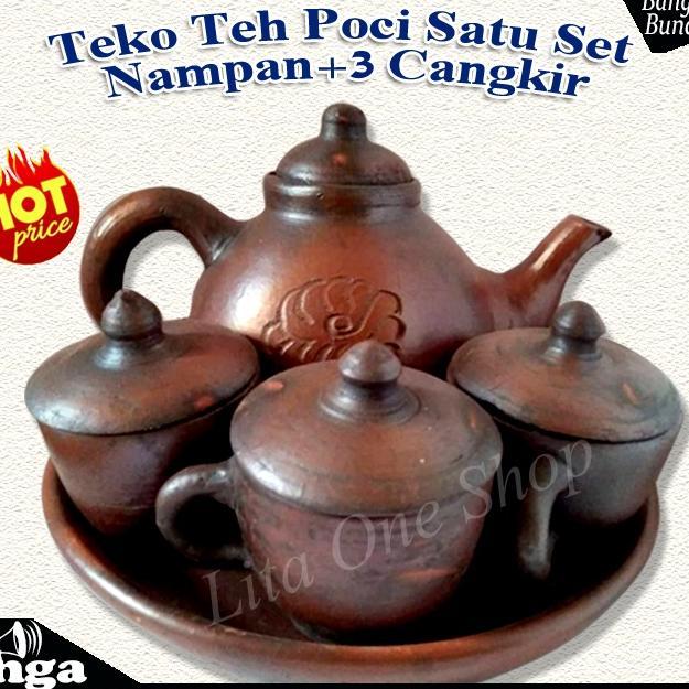 Poci Teh Set Tanah Liat Teko Teh Poci Satu Set 3 Cangkir