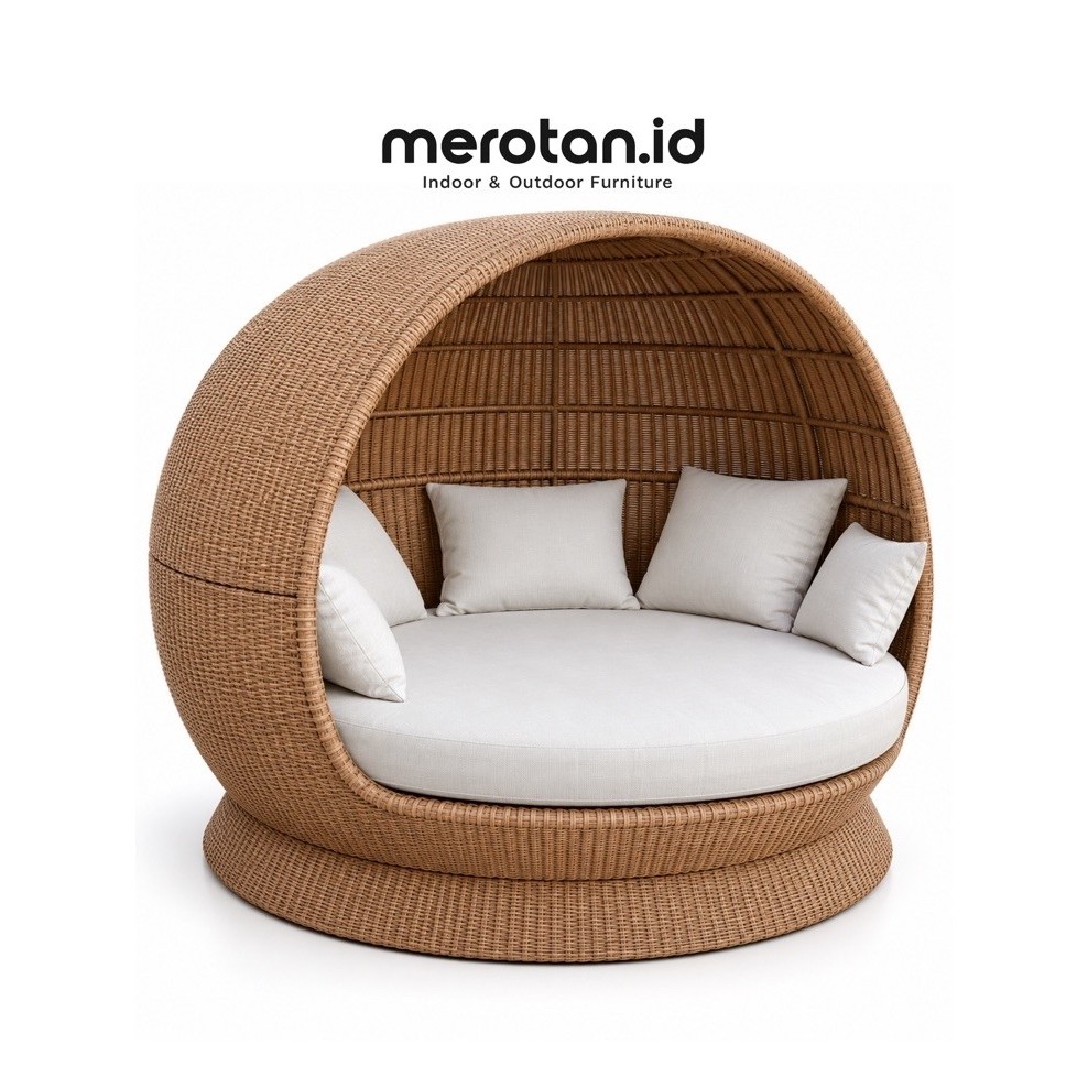 Daybed Rotan Dome Bulat Outdoor 200cm | Sofa Santai Rebahan Rotan Sintetis | Round Rattan Daybed