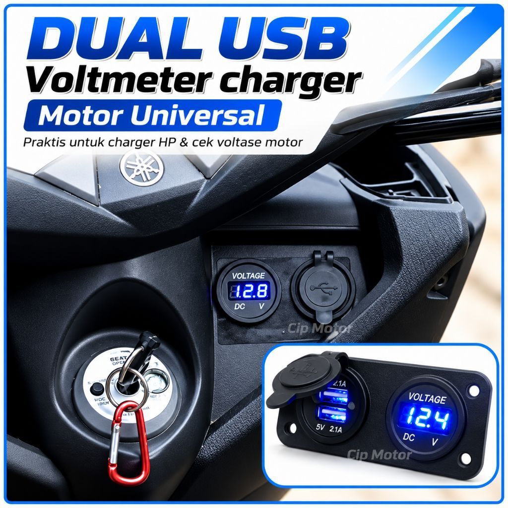 Dual USB Voltmeter Charger Motor Nmax Vario Bulat Tanam dengan 2 Port 3A Socket & Lampu LED untuk Ch