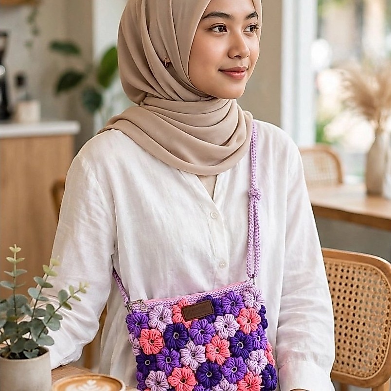 Tas Rajut Selempang Motif Bunga Puff - Bisa Request Warna