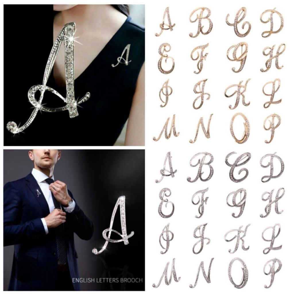 Bros huruf inisial aksen berlian imitasi bros hijab inisial huruf warna silver gold bros huruf warna