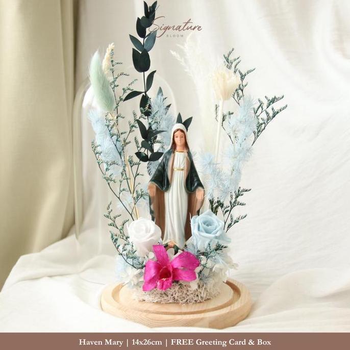 (SB) Mother Mary Fure Flower Dome Preserved | Patung Bunda Maria Bunga Abadi Kering Pajangan Gift