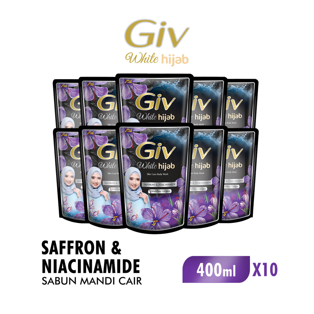 Giv White Hijab Sabun Mandi Cair Saffron & Niacinamide Pouch 400 ml x10