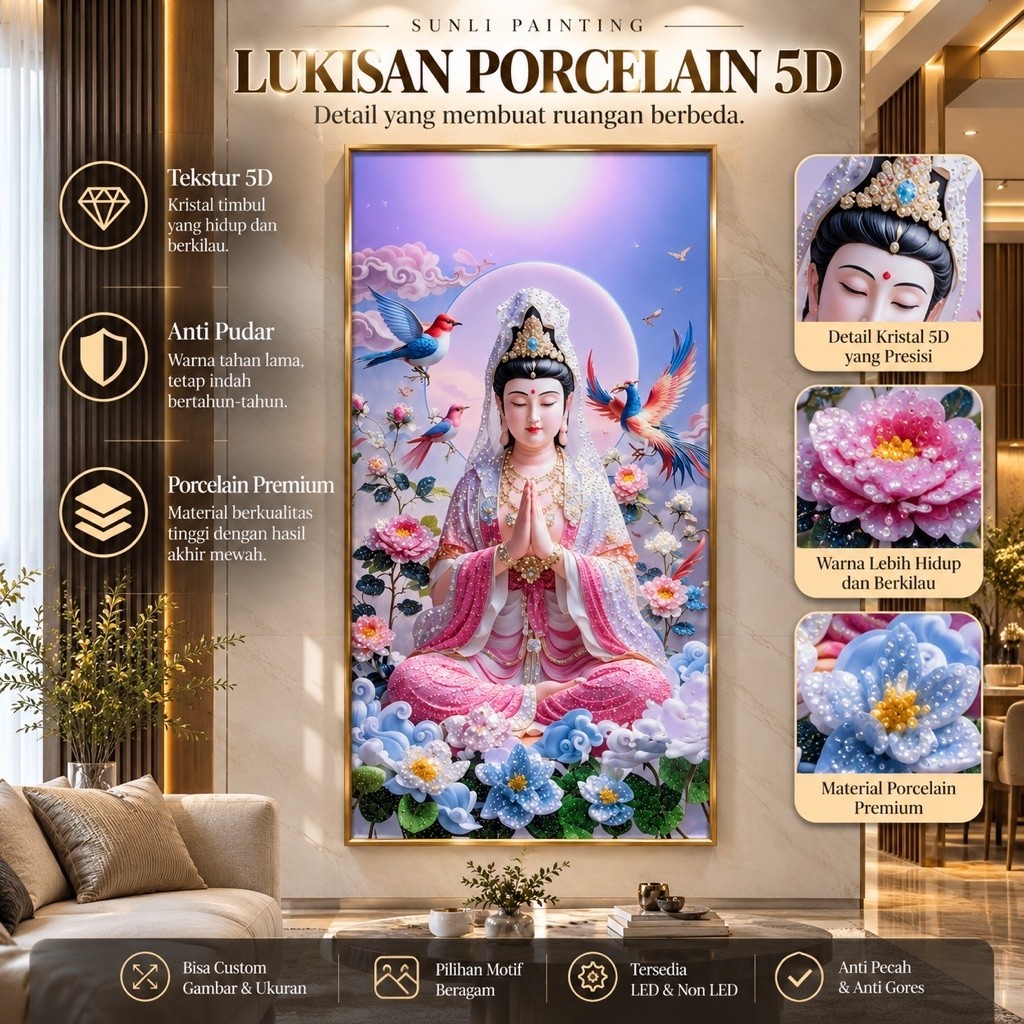 SUNLIPAINTING Lukisan Dewi Kwan Im Bahan Porcelain dengan Detail Diamond Timbul - Hiasan Dinding