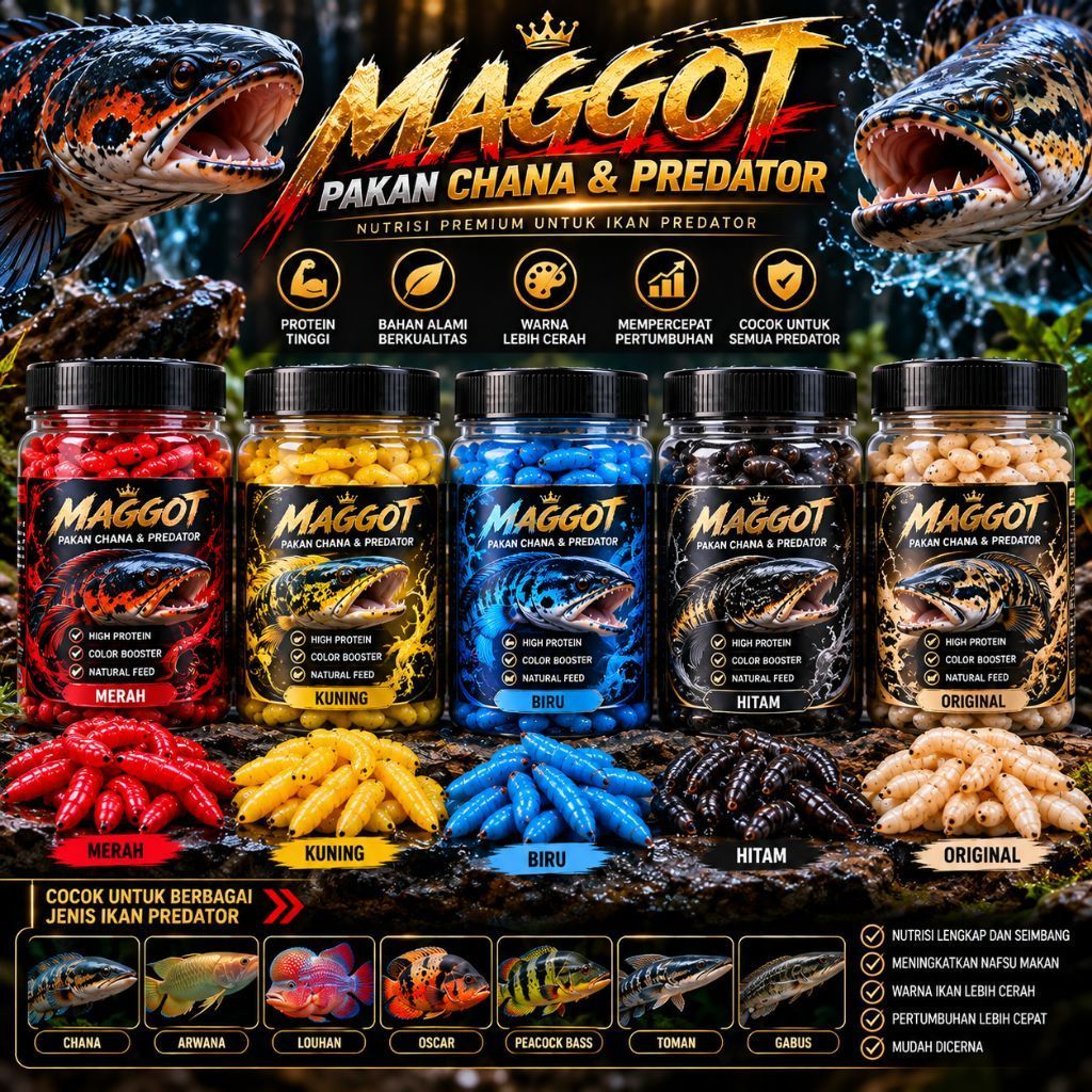 MAGGOT DRY PREMIUM CHANNA 100 GRAM - PAKAN MAGGOT KERING 4 VARIAN WARNA