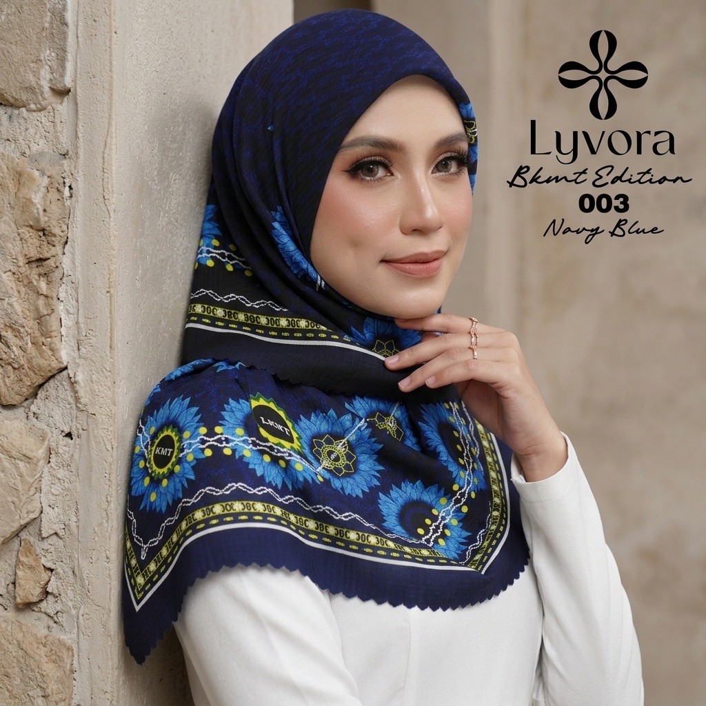 Jilbab BKMT - 003 Biru Dongker - Hijab Voal Premium Lyvora – Segi Empat Adem, Laser Cut, Zipper Bag