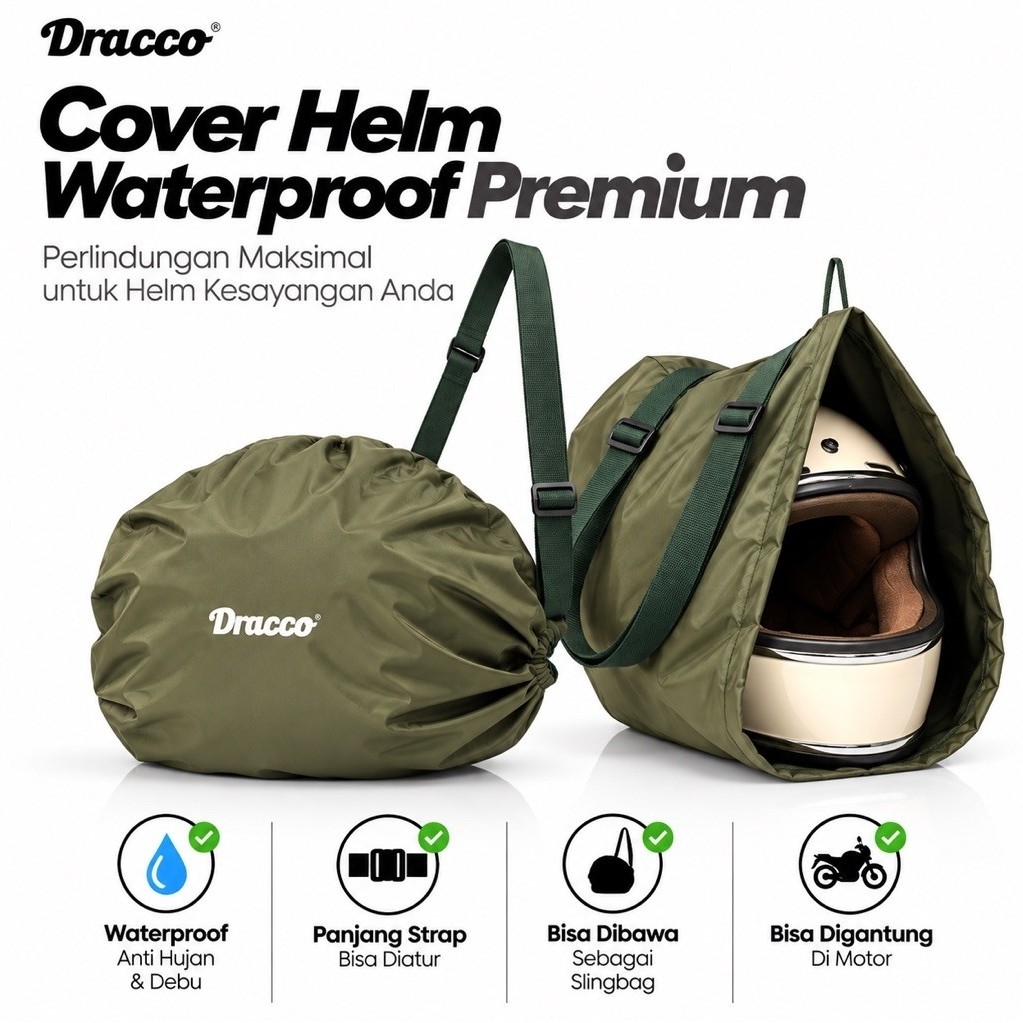 Tas Sarung Helm Motor Waterproof Premium DRACCO - Sling Bag Adjustable Anti Hujan & Debu-Hijau Army