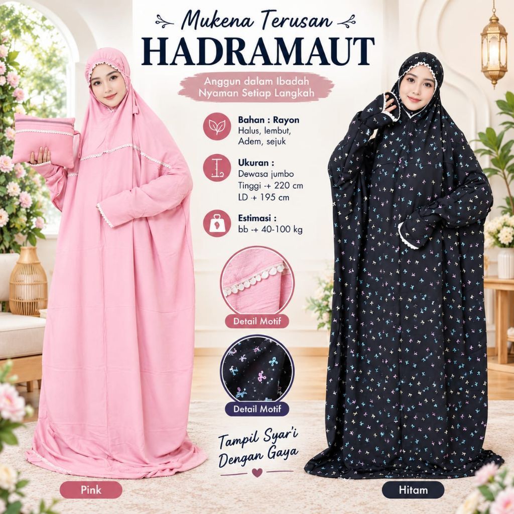 Mukena terusan ABAYA bahan RAYON motif  printing mukena HADRAMAUT