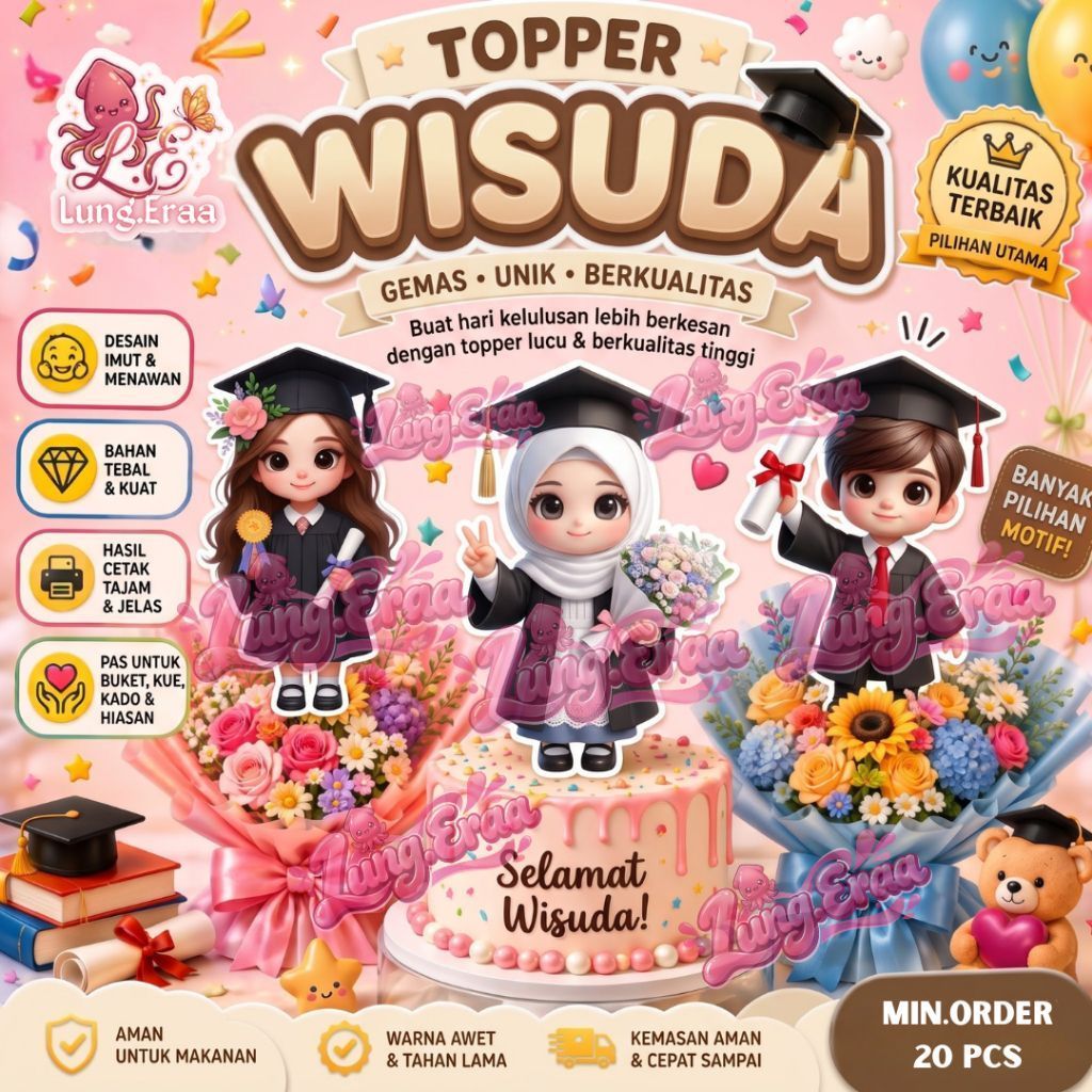 Topper Wisuda | Topper Buket Wisuda cewek hijab , cowok | Topper Graduation | Topper Kue Wisuda Ukur