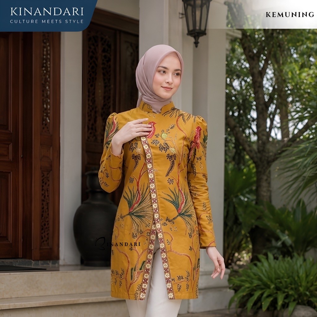 BATIK KINANDARI - Atasan Tunik Batik Wanita Kancing Silang Motif KEMUNING Modern Original Elegan Ade