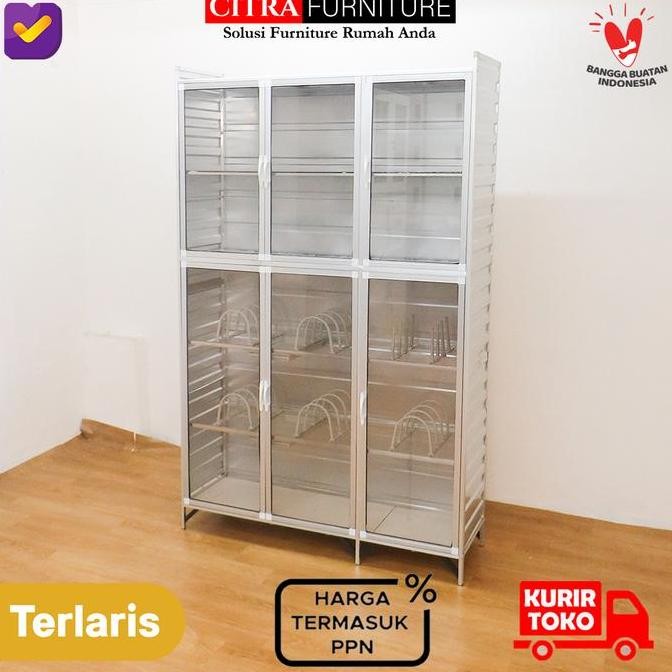 Rak piring 3 pintu kaca riben
