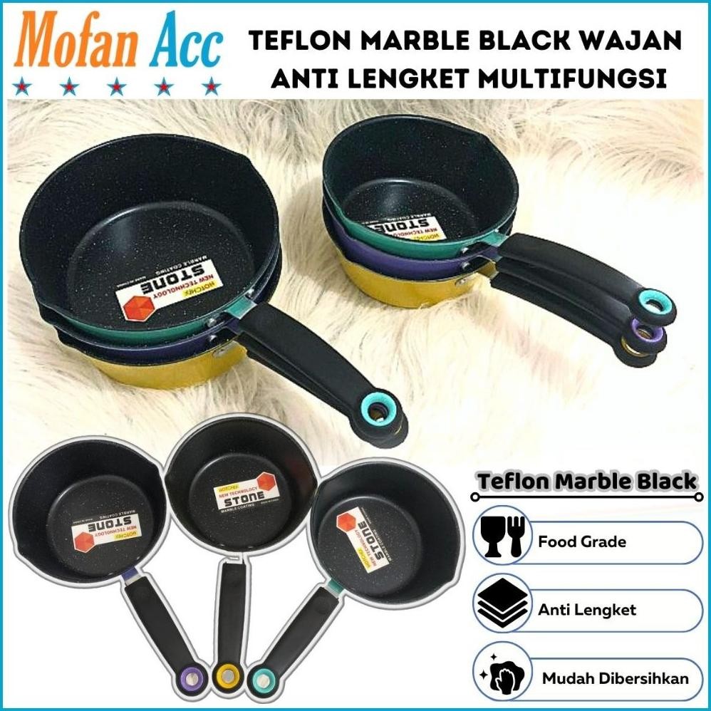 Panci Teflon Marble Black 18 20 cm Anti Lengket / Wajan Gagang Panjang Bulat Panci Goreng Tumis Kuah