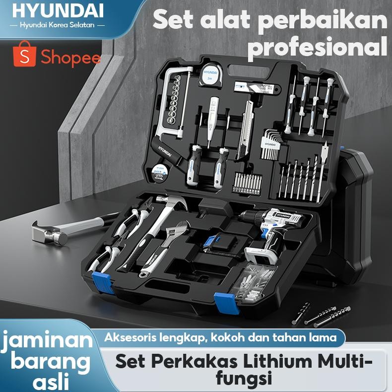 HYUNDAI Mesin Bor Listrik Set Lengkap Baterai Cordless Alat Tukang Tool Kit Tang Obeng Palu Kunci Pa