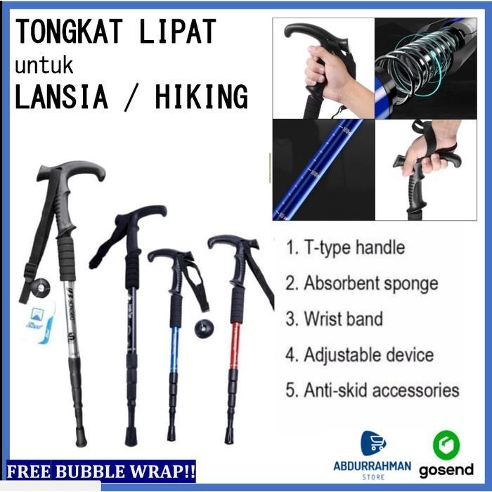 SP Tongkat Lipat Besi Alat Bantu Jalan Lansia Orang Tua Trekking Hiking