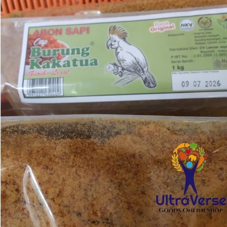 

Abon Sapi Cap Kakatua Boyolali 1Kg Cap Burung Kakatua Label Hijau Granul Halus Halal Murah