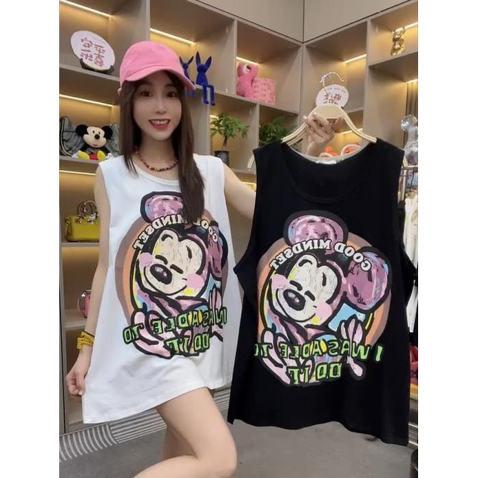 Rompi Tanpa Lengan Wanita Katun Murni Kartun Mickey Graffiti Panjang Sedang T Baju Kaos