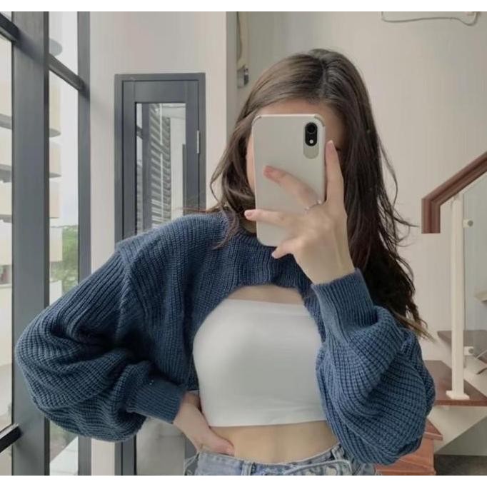 DY123 - Cardigan crop lengan balon rajut tebal / outer wanita rajut kekinian