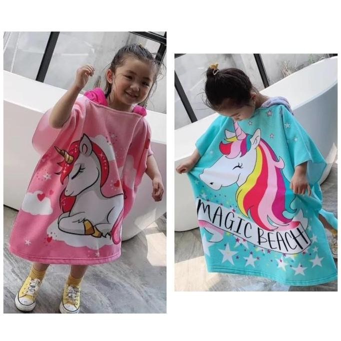 TERBARU - Handuk Renang Microfiber Anak Perempuan Handuk Ponco+Tas Unicorn