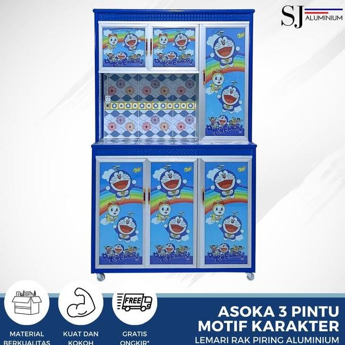 Rak Piring Lemari Dapur Kaca Aluminium - Asoka 3 Pintu Motif Karakter