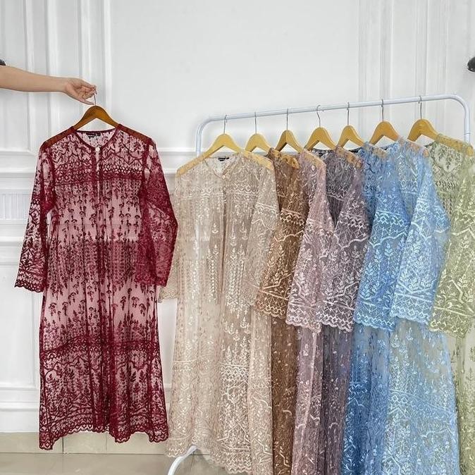 LIMURFISA Long Outer Brukat Tile Etnik Cardigan Kondangan Wanita Poliester Muslim Kardigan Baju Hita