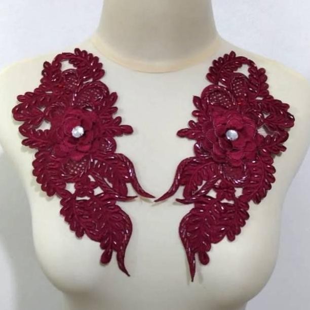 

(:(:(:(] Renda Bordir Kerah Full Payet (Bambu Patah) Sepasang Merah Marun