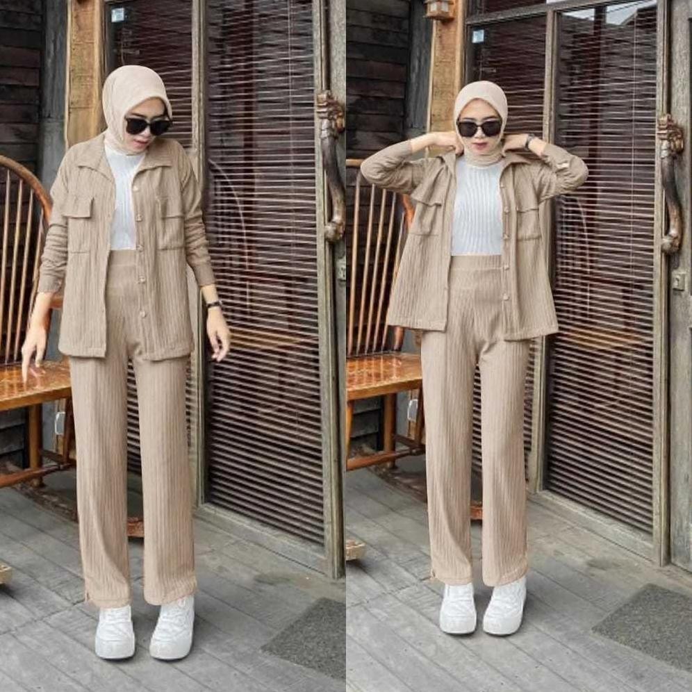 Edf-62 Qw-45 Set Karina Premium Knit (Cardi+Pants) / Setelan Baju Wanita Kekinian Crop Dan Celana Ku