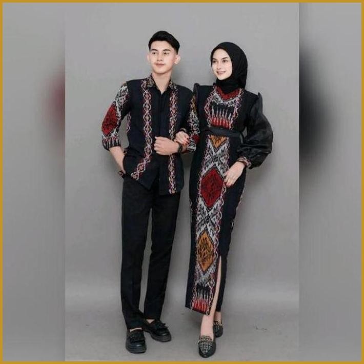 NIKAH ZUDEVA-KARTINI BAJU COUPLE TENUN HITAM DRESS  KEMEJA TENUN ETHNIK PASANGAN KONDANGAN SETELAN B