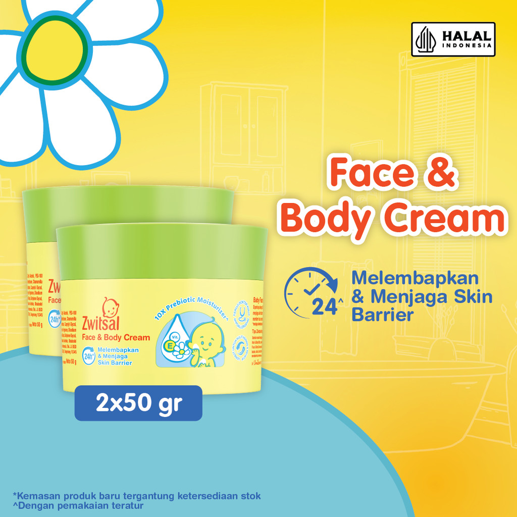 ZWITSAL Baby Face and Body Cream - 10X Prebiotic Moisturizer, Chamomile, Vit E 50 gr Twinpack x2