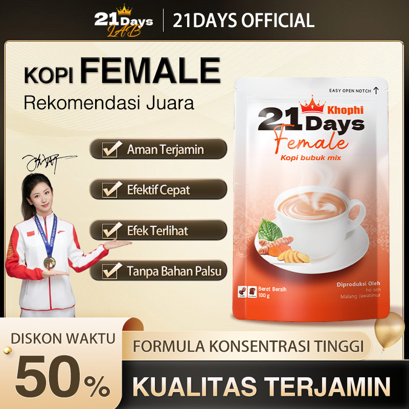 

21Days Coffee Female Coffee – Kunyit, Kacip Fatimah, Daun Sirih, Gula Aren – Rekomendasi Juara Olimpiade