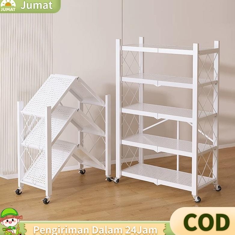 COD Rak Dapur Susun Dengan Roda Rak Lipat Besi Dengan Roda Rak Penyimpanan Multi-fungsi Rak Gudang R