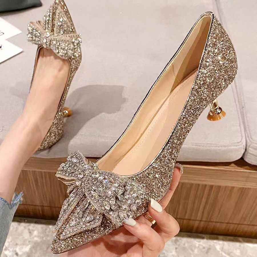 French-style Silver Wedding Shoes Main Bridal Shoes3cm Low Heel Bowknot