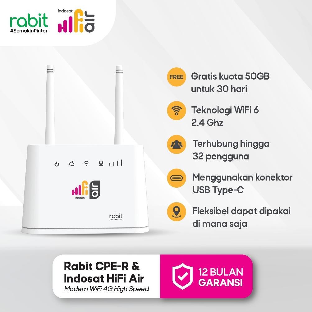 RABIT CPE Modem Wifi Router 4G LTE Indosat Hifi Air - Router Wifi 6 USB Type C Sim Card Free 50 GB
