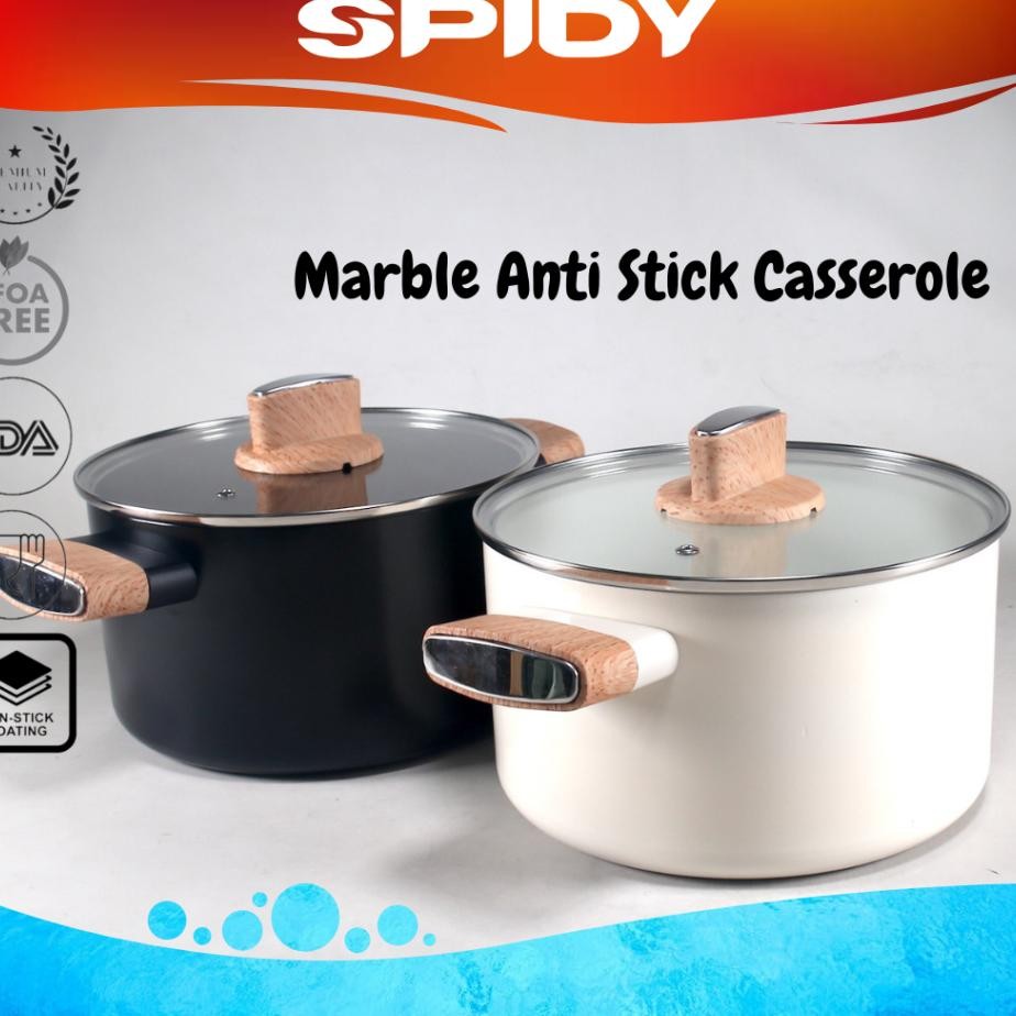 Spidy Panci Teflon Marble Anti Lengket 22Cm Berserta Penutup Kaca Templeted Casserole Ceramic Anti S