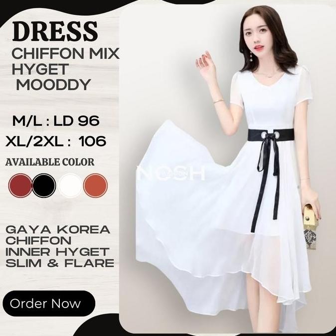 Df321>> Midi Dress Korea Lengan Pendek Sifon Wanita Mauddy Rok Korea Nosh