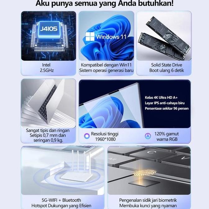 Notebook Super Tipis 2024 Untuk Rumah, Kantor, Dan Pelajar - Intel J4105, Ram 8Gb Ddr4, Ssd 512Gb, B