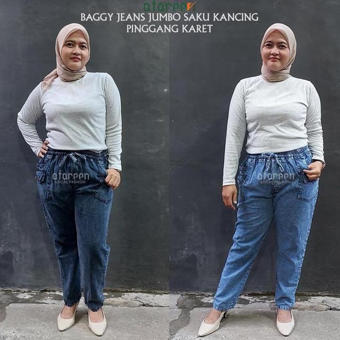Db16>> Kulot Jeans Jumbo Variasi Saku Depan Baggy Jeans Elise Celana Jeans Wanita Pinggang Karet