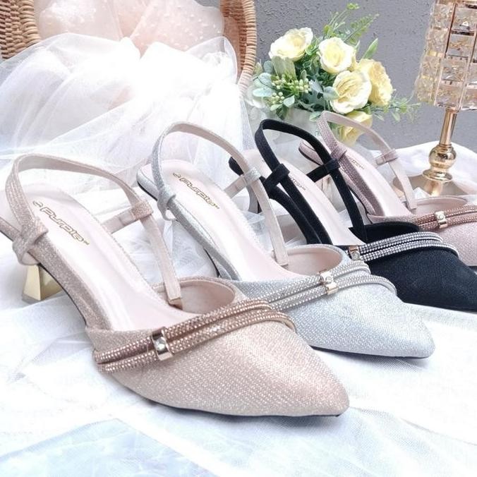 Purple Shoes - Melody Sling Back High Heels Pesta Wanita Hak Lancip 7 cm Silver Gold Salem Hitam Mod