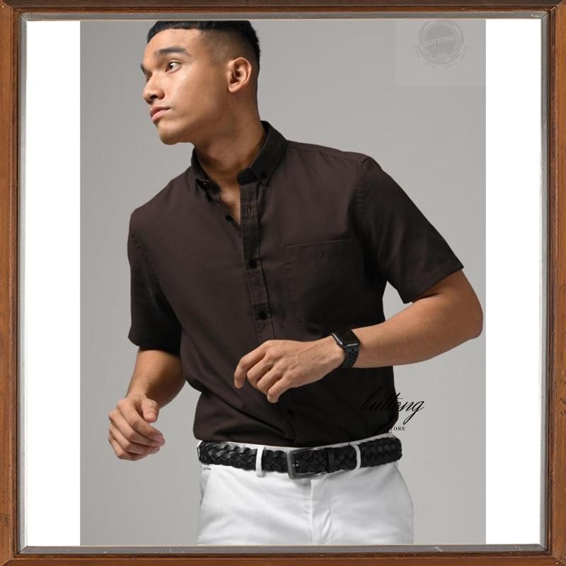 Diskon Kemeja Pendek Linen Polos Slim Fit Hem Kasual Berwarna Coklat Kopi BROWN kekinia berukuran M 