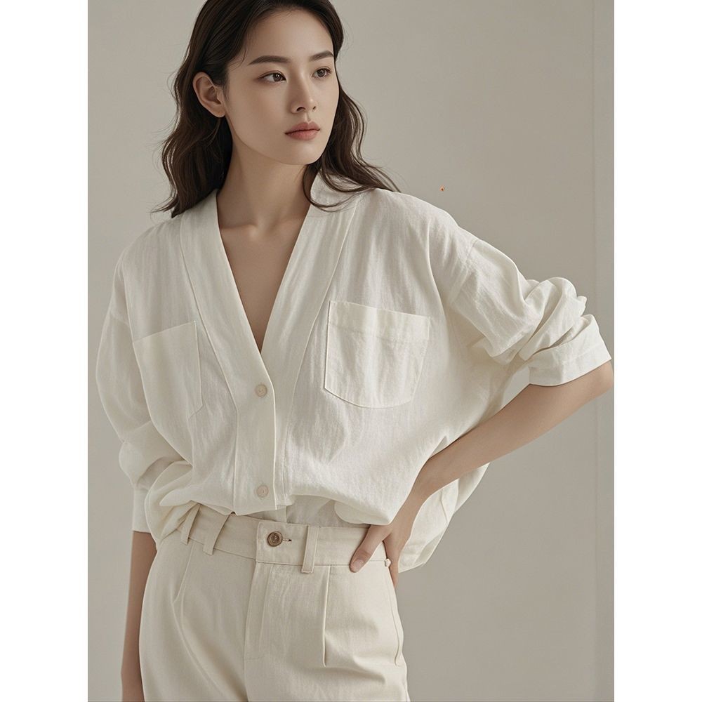 Atasan Kemeja V-Neck Katun Baru Wanita Putih Pelindung Matahari