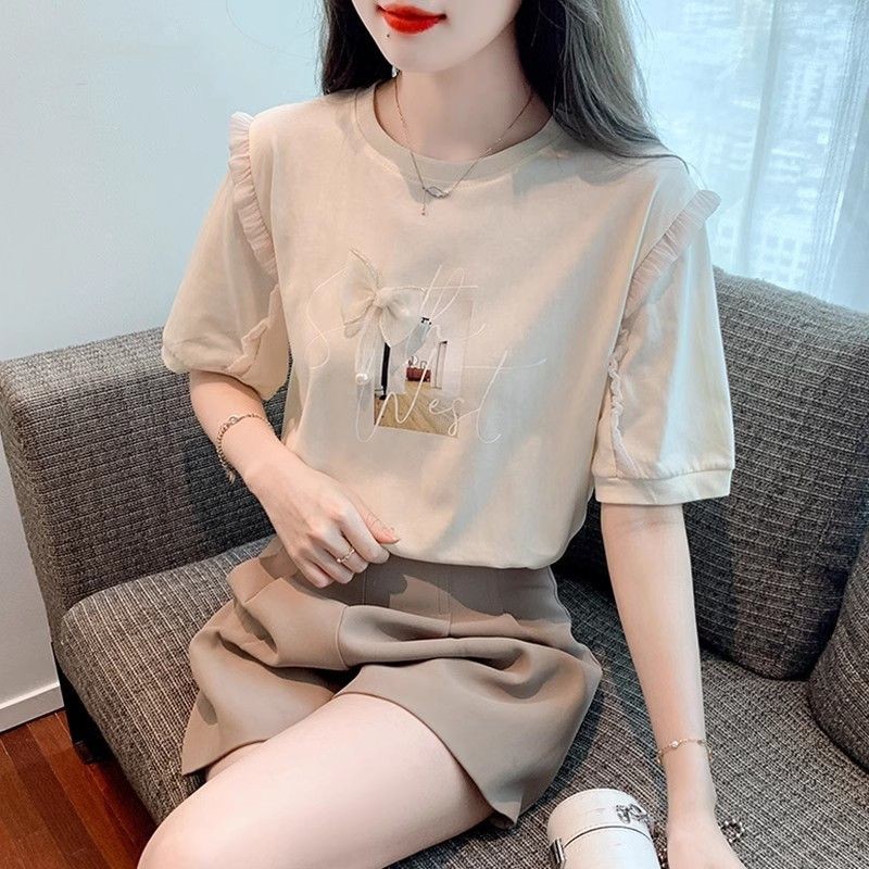 Kaos wanita berkualitas tinggi dengan leher bulat dan lengan  Kaos Kemeja Gaya Barat Atasan Kecil