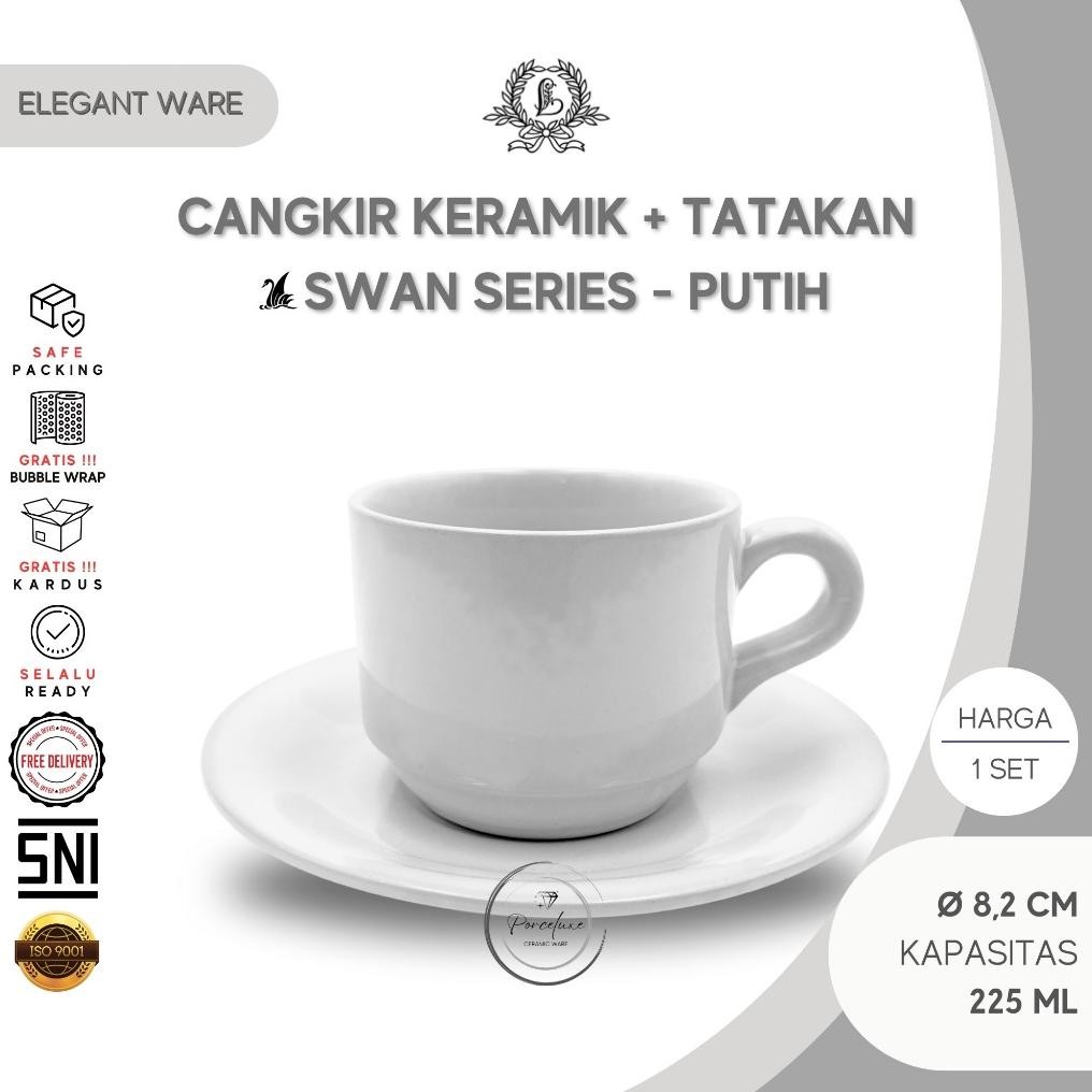 Cangkir Set Tatakan Keramik Lucky Elegant Ware Swan Series Putih Glossy 225 ml Gelas Lepek Mug Teh T