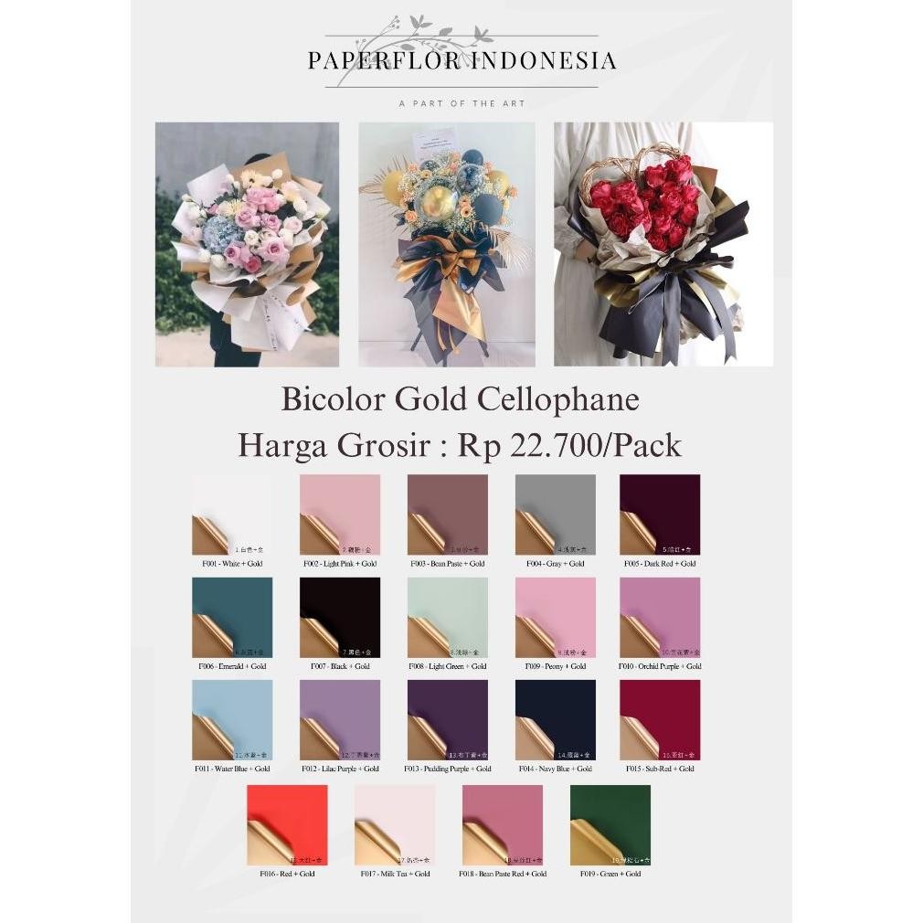 

Eelic (20 Lembar) Bicolor Gold Cellophane - Kertas Wrap Pembungkus Bunga - Paperflor Indonesia My56