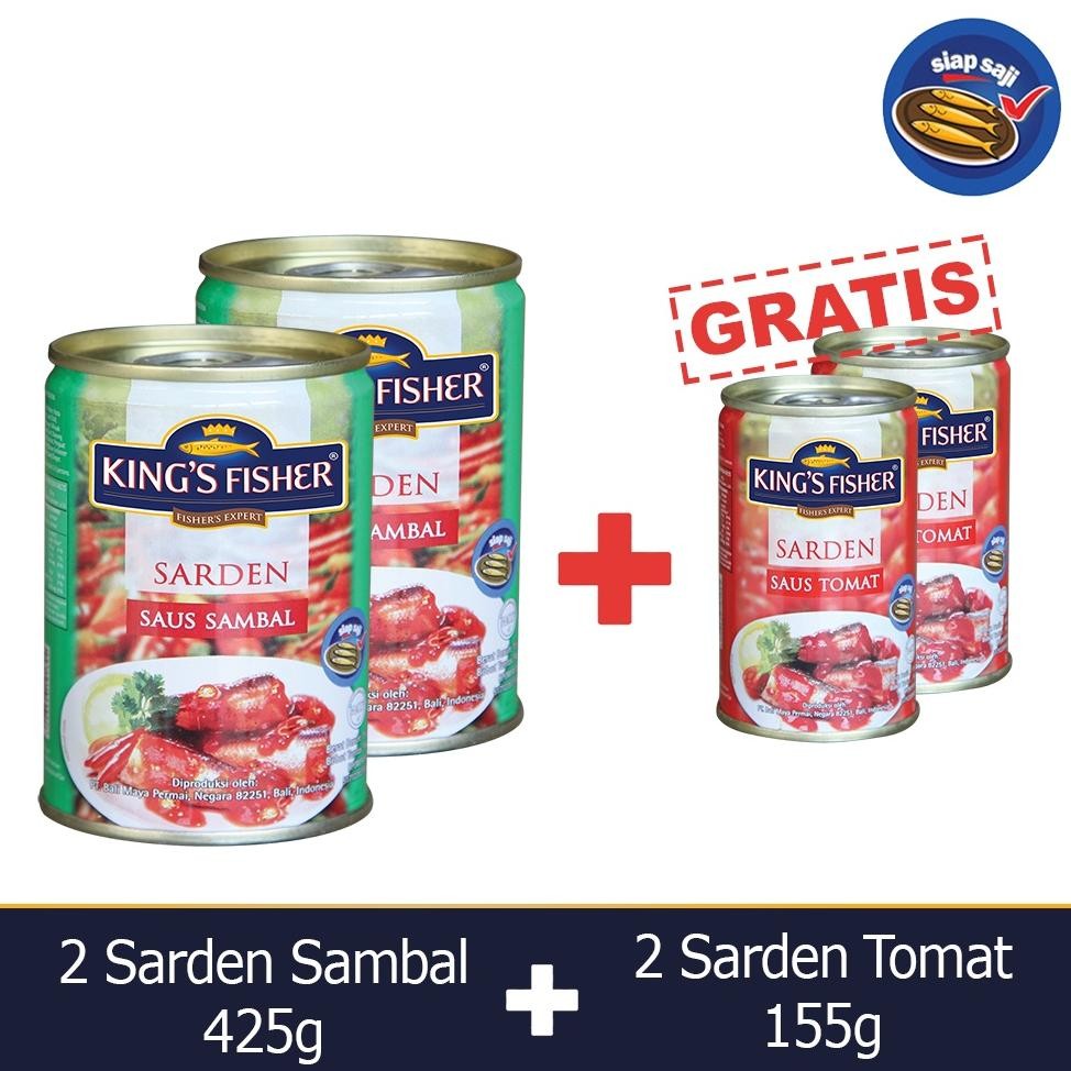 

TERMURAH Kings Fisher Paket 4 pcs Sarden saus sambal Tomat 425g 155g Makanan Kaleng Siap kirim